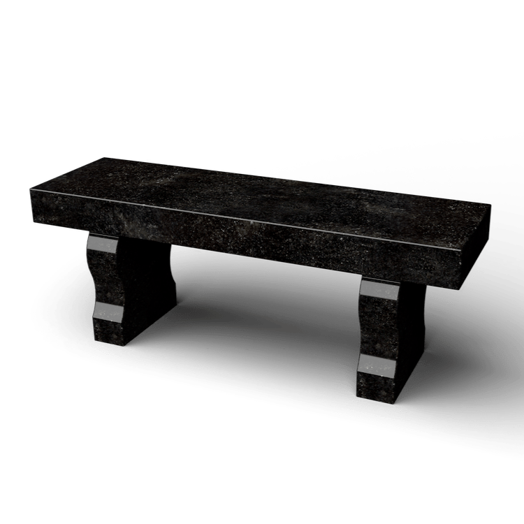 Black granite bench with a rectangular seat and two supporting legs, on a white background.