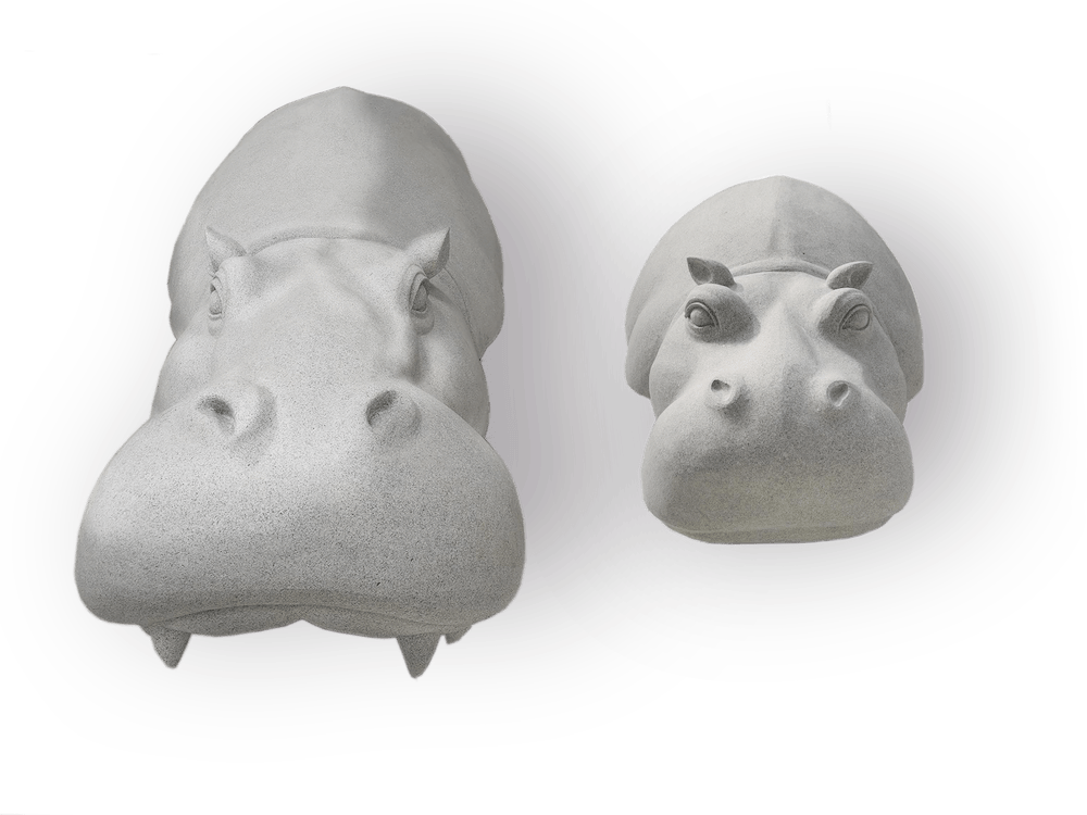 Two gray hippopotamus sculptures, one larger than the other, set against a white background.