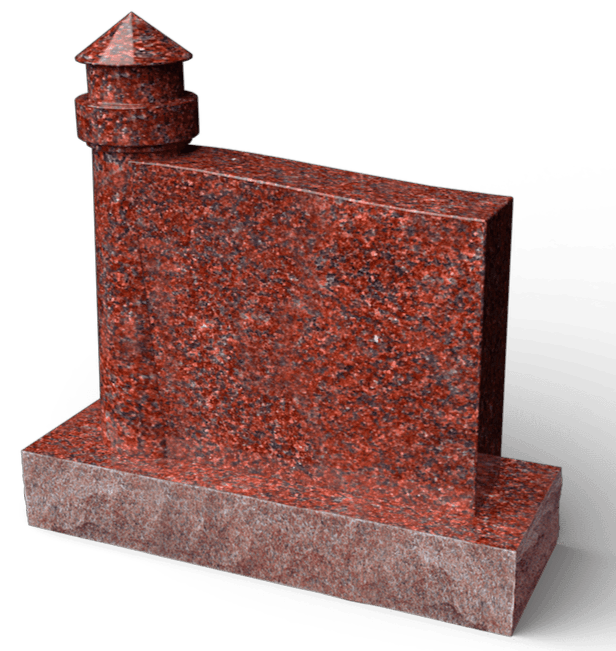 Red granite headstone shaped like a lighthouse with a tilted top.
