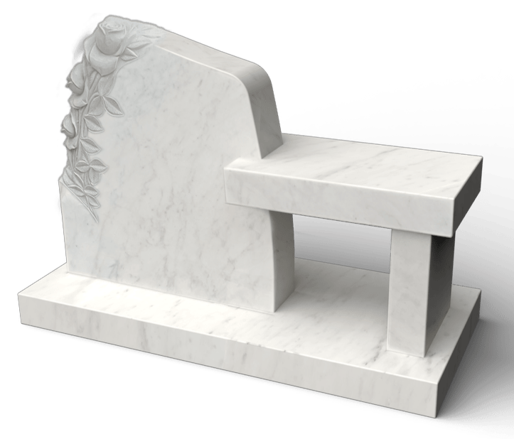 White marble monument with bench, carved rose detail.