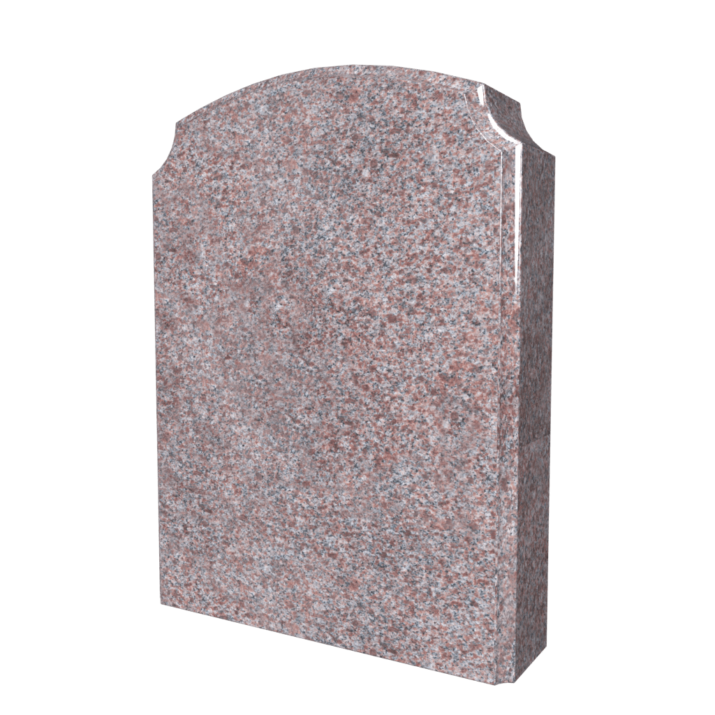 Red granite headstone with curved top, light catching the edges.