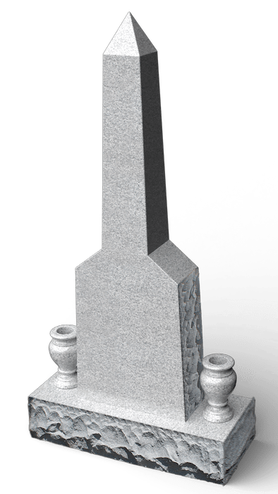 Gray granite obelisk tombstone with two urns on a stone base, white background.