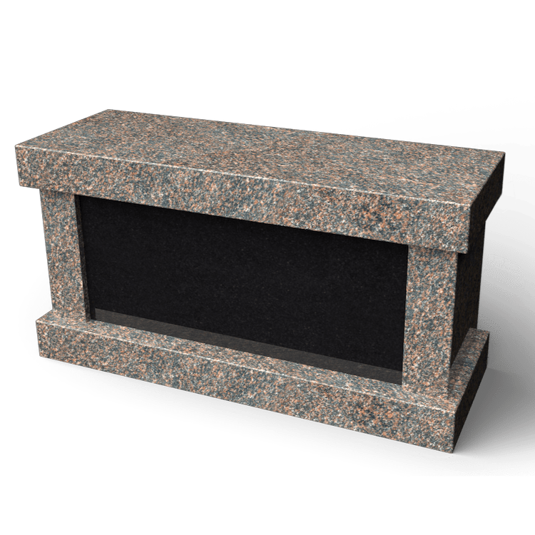 Granite columbarium niche, rectangular shape, black interior, speckled brown exterior.