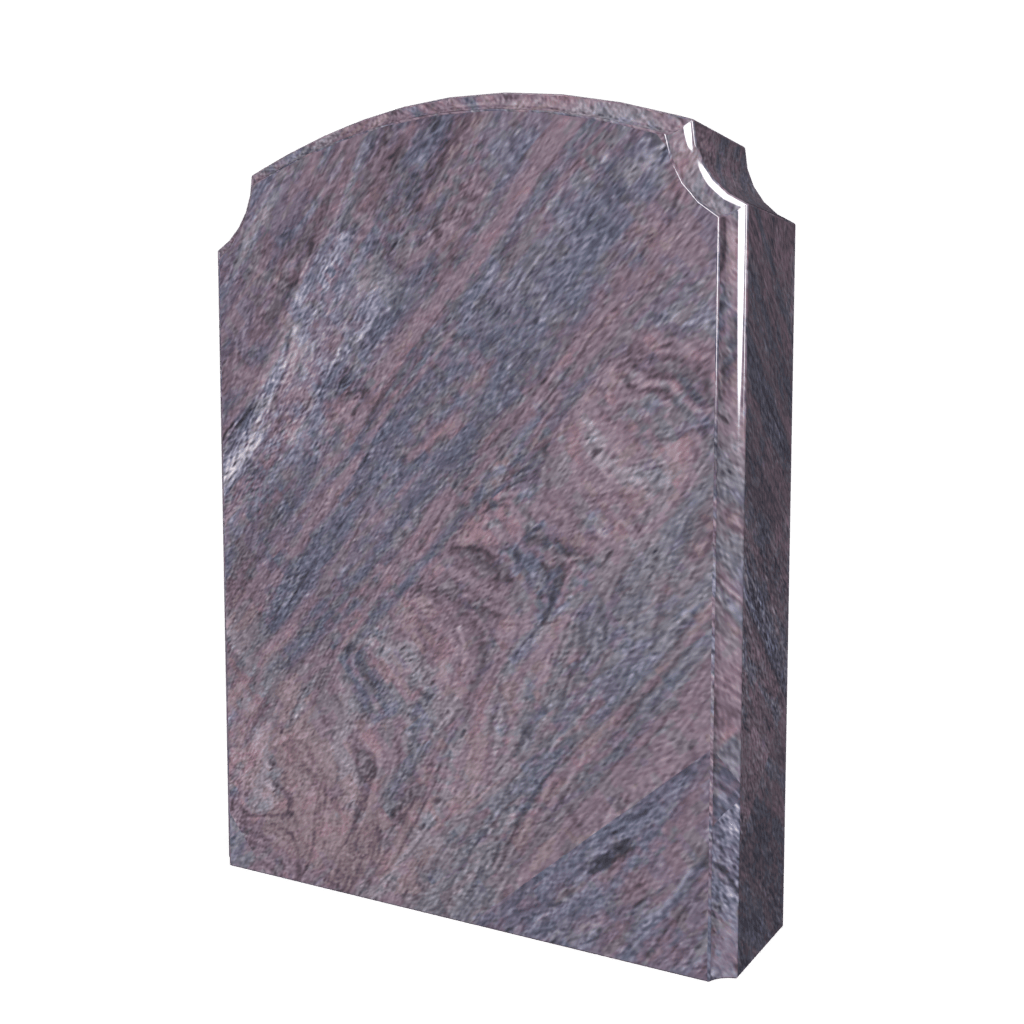 Red and blue granite tombstone with rounded top, side groove.
