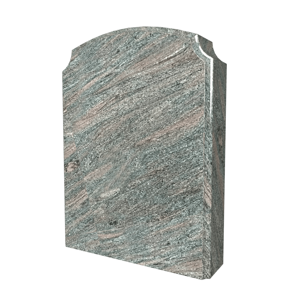 Gray and brown granite headstone with curved top.
