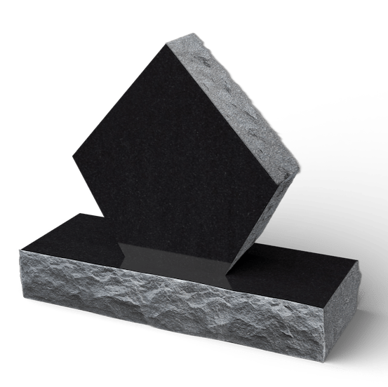 Black granite tombstone with a tilted square top on a rectangular base.