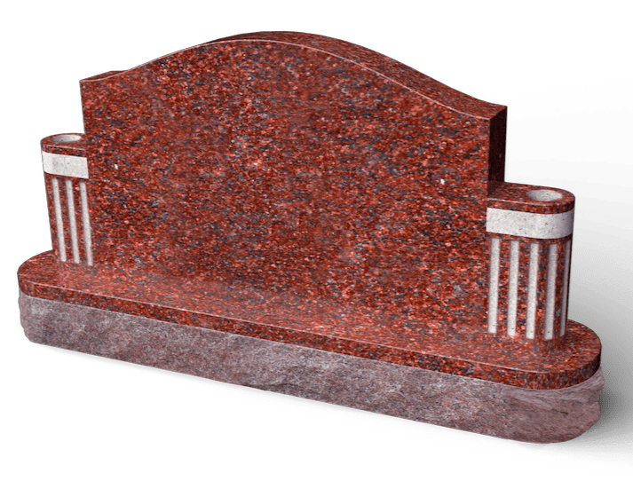 Red granite headstone with decorative columns.