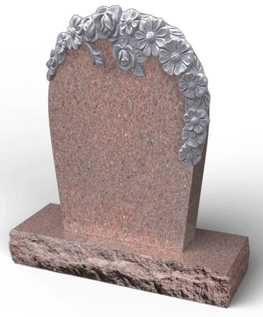 Pink granite headstone with decorative silver flowers.