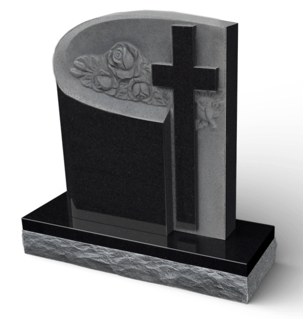 Black granite headstone with a cross and rose carvings.