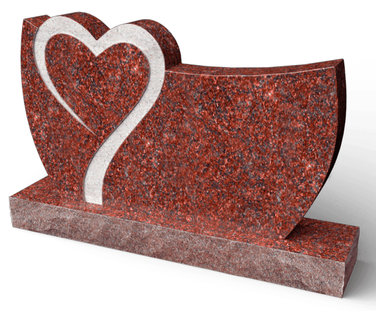 Red granite heart-shaped tombstone with white heart outline.