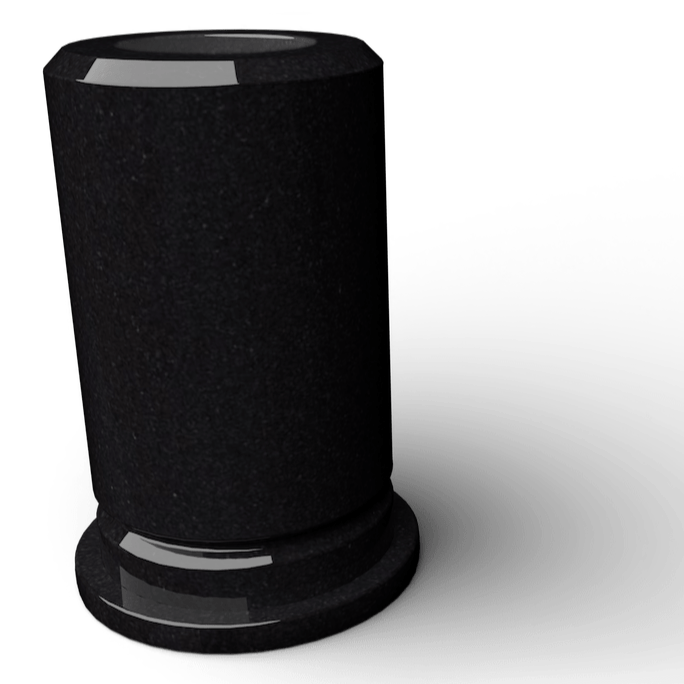 Black cylindrical speaker with glossy top and base, casting a shadow on white.