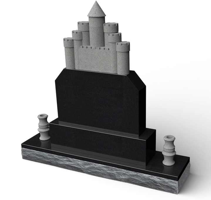 Black granite gravestone with castle top and two pillar accents.