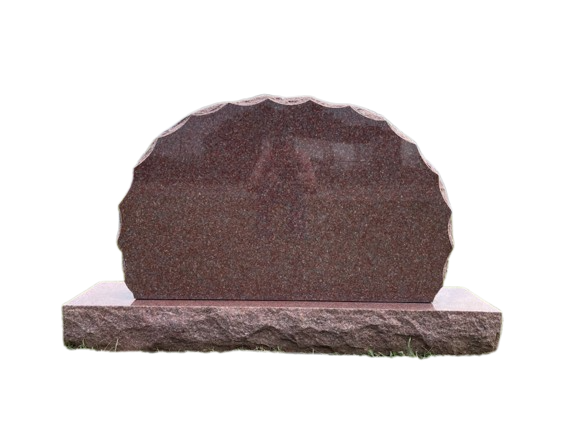 Red granite headstone with scalloped top, set on a matching base, against a white background.