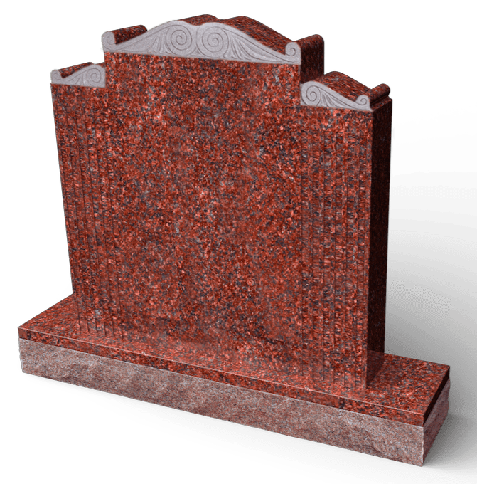 Red granite tombstone with decorative top and carved vertical lines.