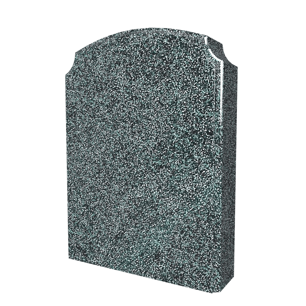 Gray granite tombstone with an arched top, set against a white background.