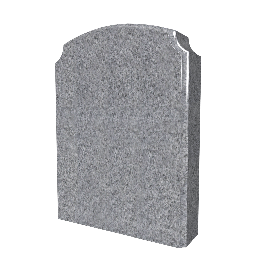 Gray granite headstone, arched top, slightly angled, smooth edges.