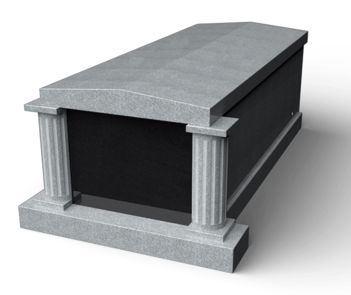 Gray granite mausoleum with black side, two columns.
