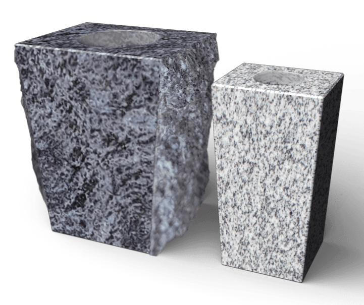Two granite planters, one dark gray and irregularly shaped, the other light gray and rectangular.