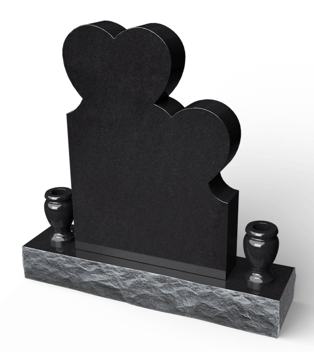 Black granite headstone with heart-shaped top and vases on a textured base.