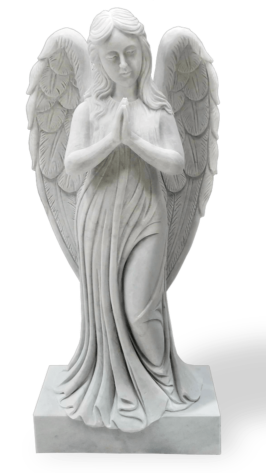 Stone angel statue with hands clasped in prayer, standing on a rectangular base.