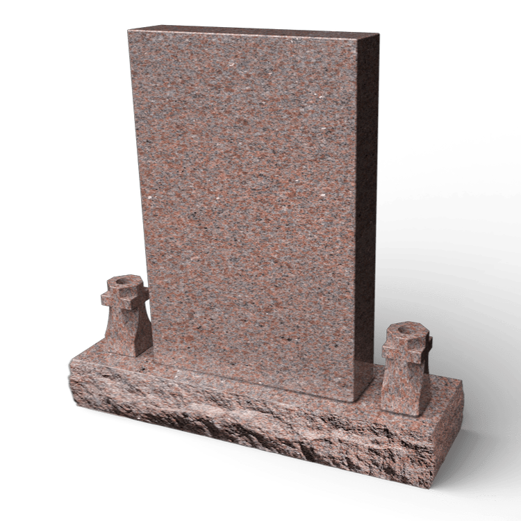 Red granite upright gravestone on a rough-hewn base with two small decorative pillars.