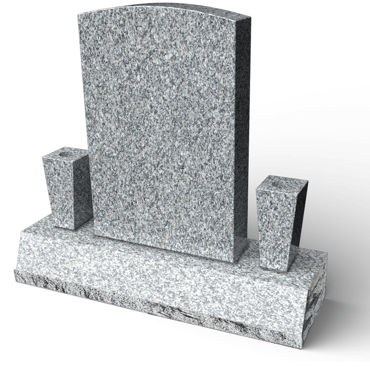Gray granite headstone with two smaller side pieces, on a rectangular base.