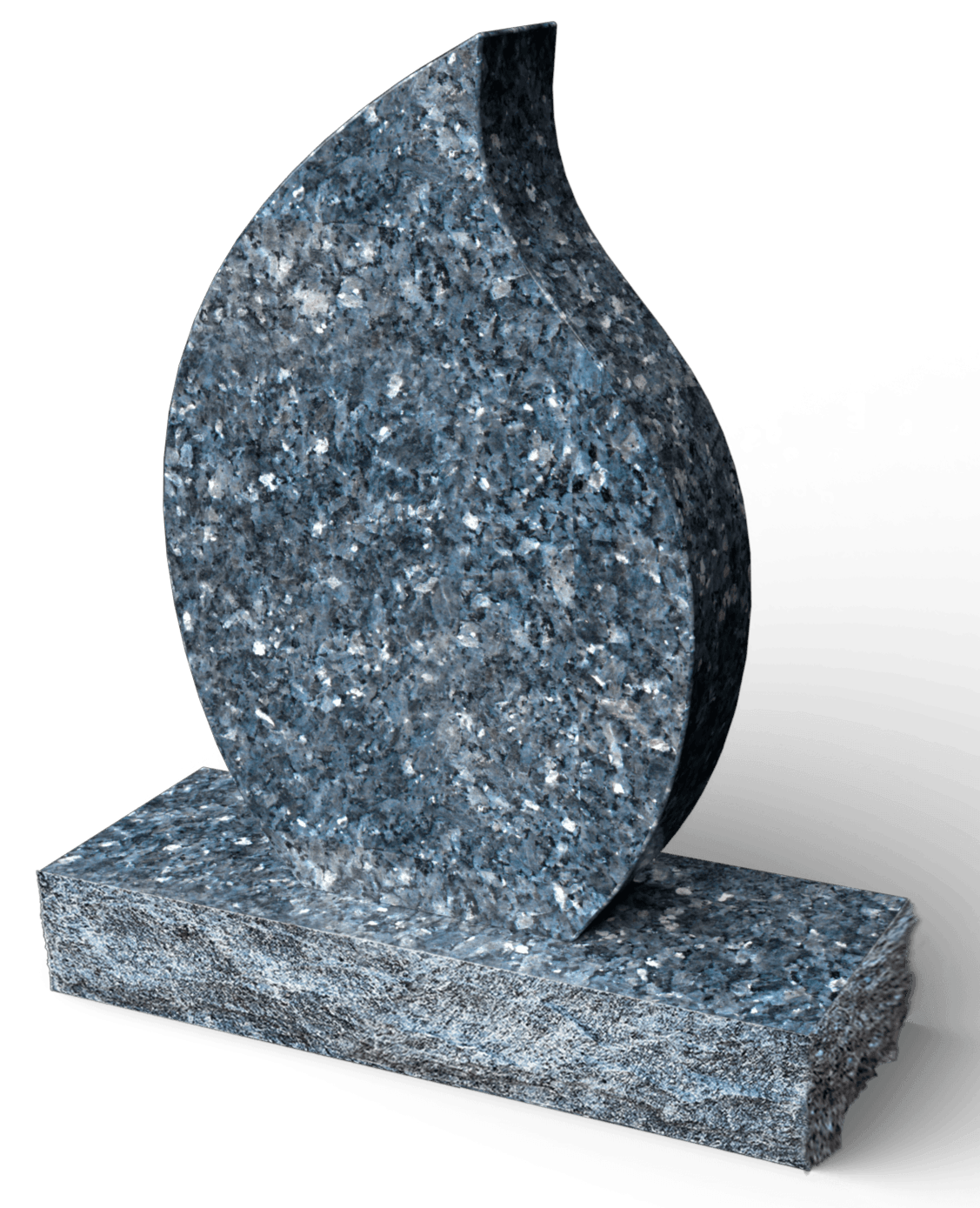 Blue-gray stone monument in a flame shape, resting on a rectangular base.