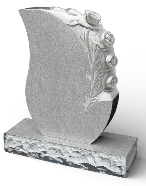 Gray granite headstone with a teardrop shape and rose carvings.