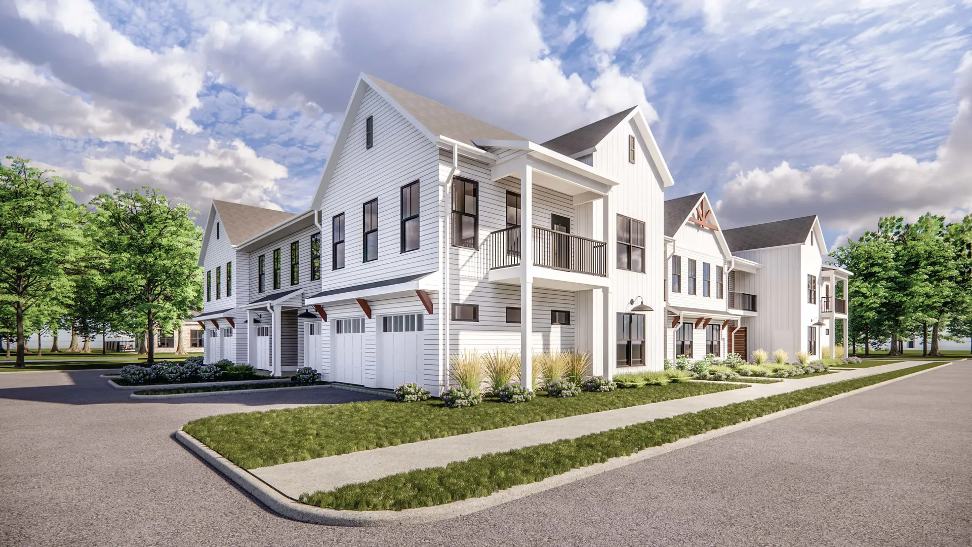 An artist 's impression of a row of white houses on a residential street.