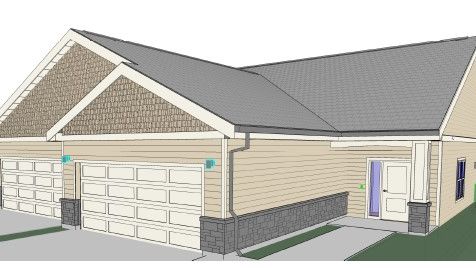 A drawing of a house with two garage doors and a roof.