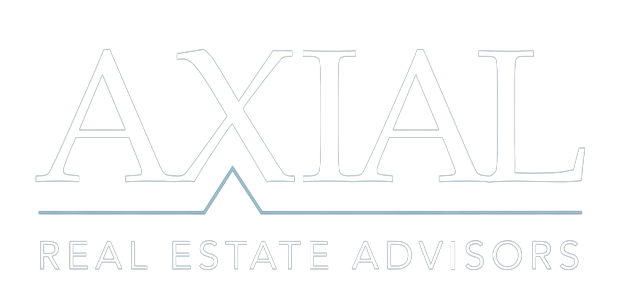 The logo for axial real estate advisors is white on a white background.