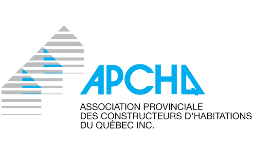 Logo de l'APCHQ avec une icône de maison stylisée grise et bleue et nom de l'association en français