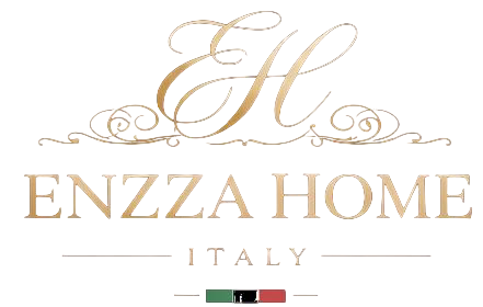 Logotipo dorado “ENZZA HOME” con una línea de techo sobre el texto sobre un fondo blanco.