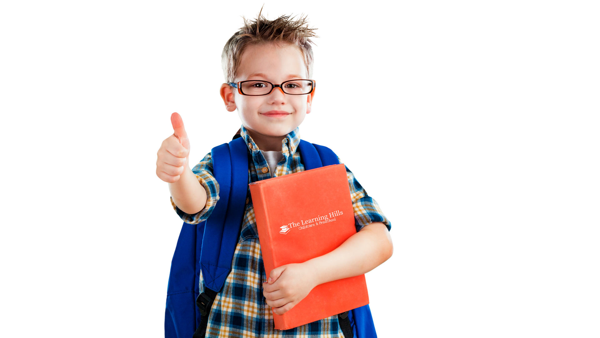 A young boy with glasses and a backpack is holding a book and giving a thumbs up.