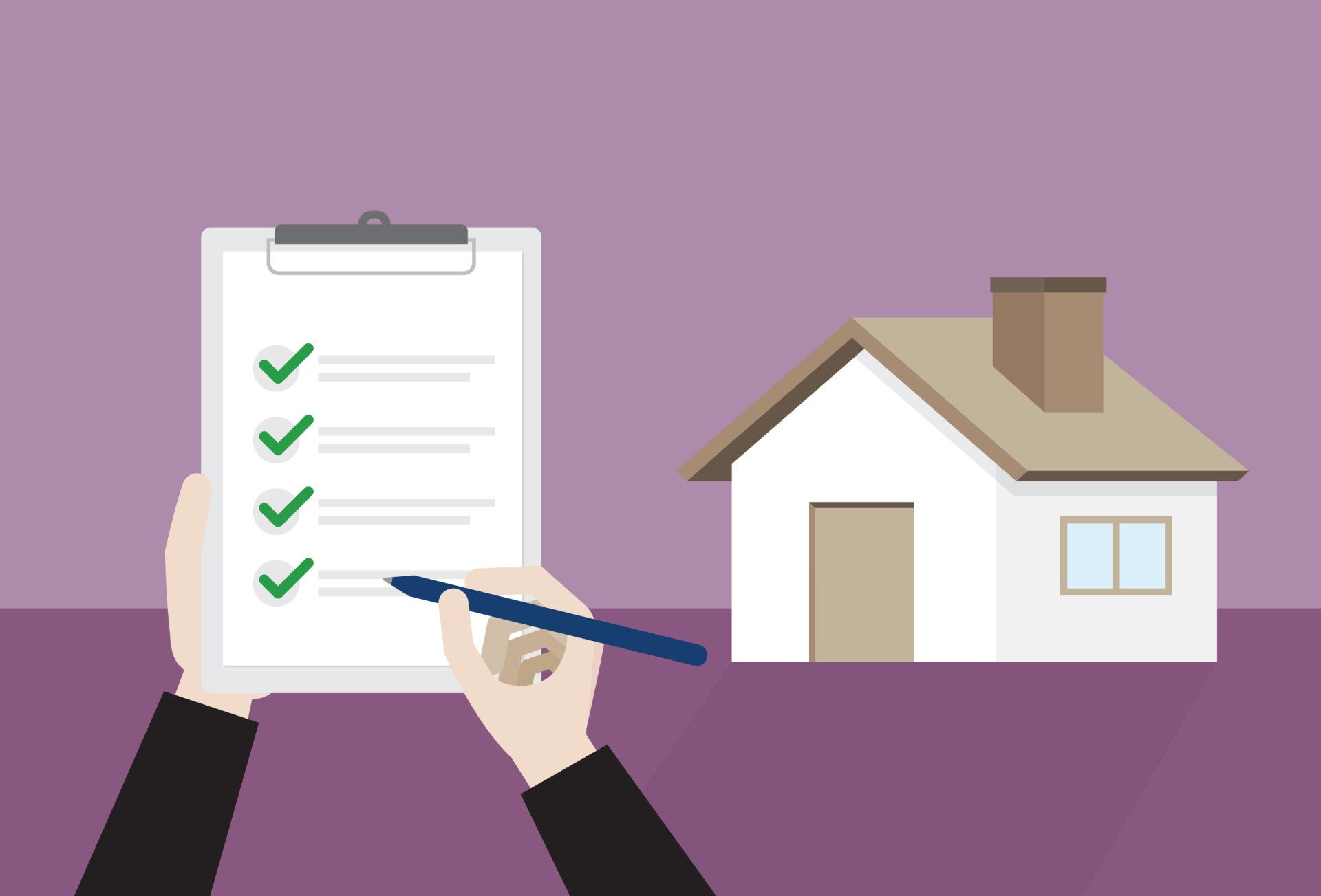 person writing on clipboard with house