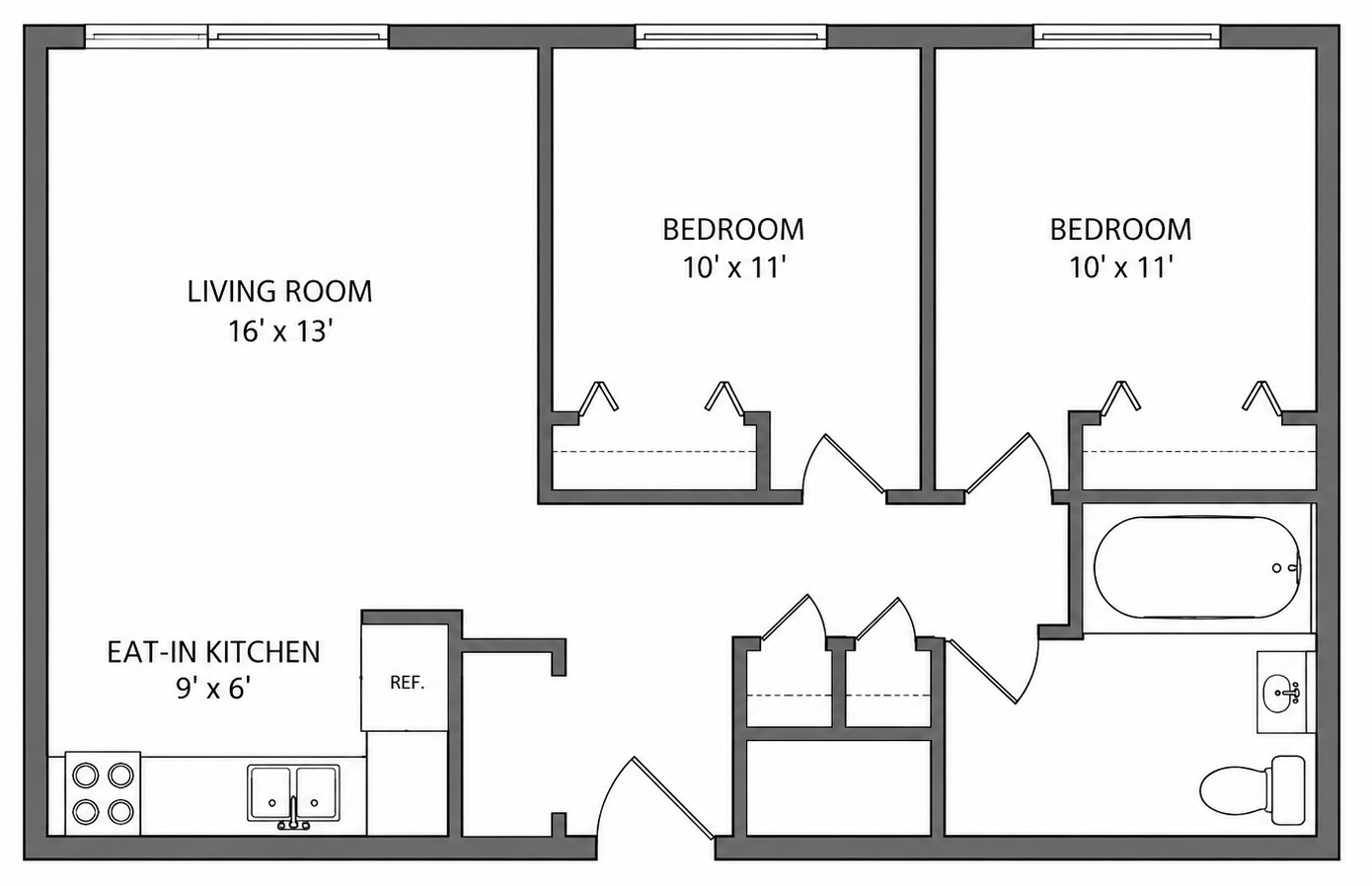 Black-and-white apartment floor plan with living room, kitchen, two bedrooms, bath, and closets