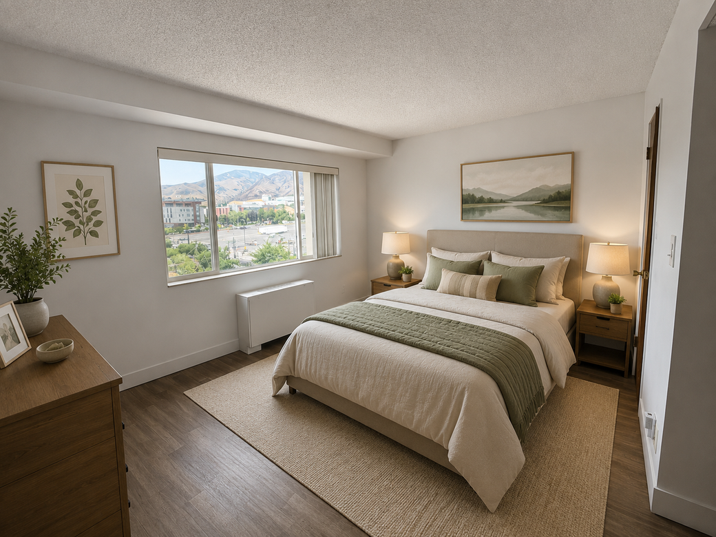 Bright bedroom with bed, dresser, window view, and neutral decor