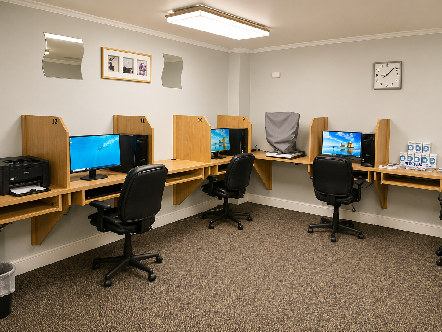 Empty computer lab with wooden desks, black chairs, monitors, and an analog wall clock.