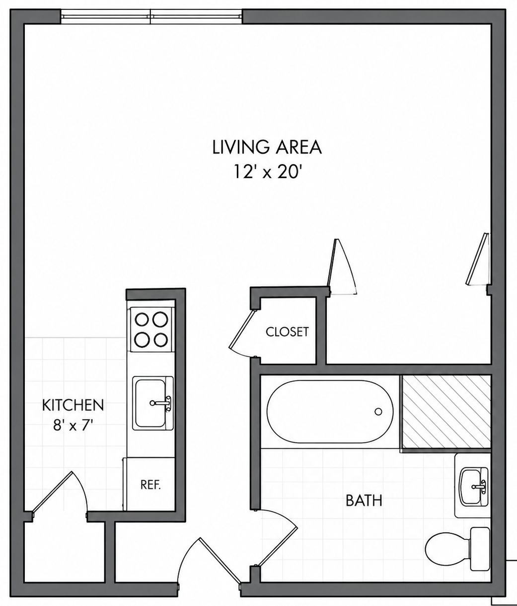 Apartment floor plan with living area, kitchen, bath, closet, and entry door.