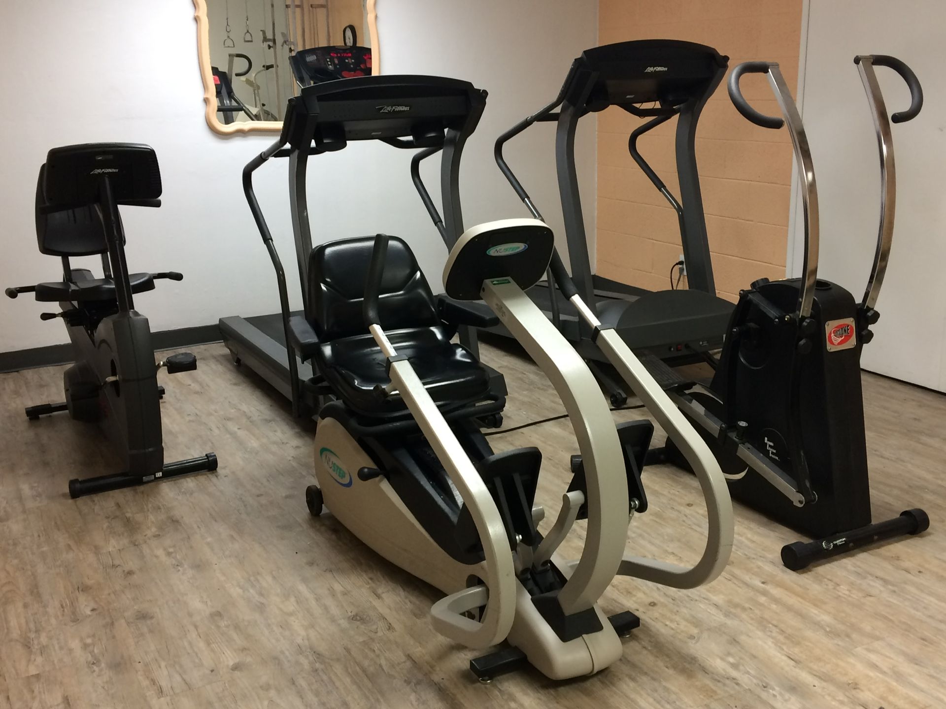 Exercise room with treadmills, elliptical machines, and a stationary bike on wood flooring