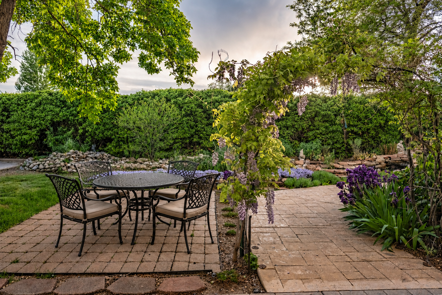 Patio garden with round metal table and chairs, stone path, and lush greenery in the background