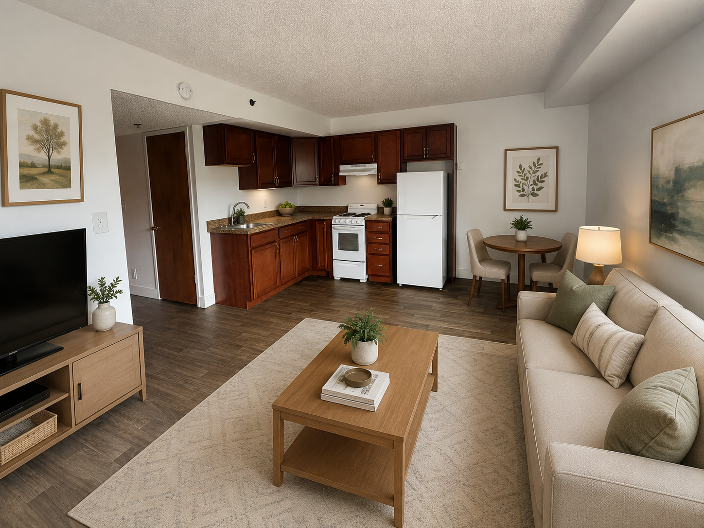 Open-plan living room with beige sofa, coffee table, TV, and a compact kitchen in the background