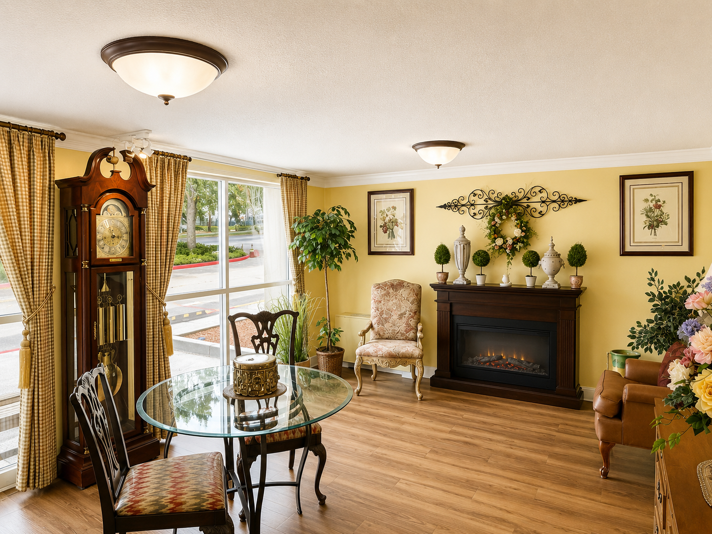Bright living room with fireplace, grandfather clock, glass table, plants, and sliding doors to a balcony.