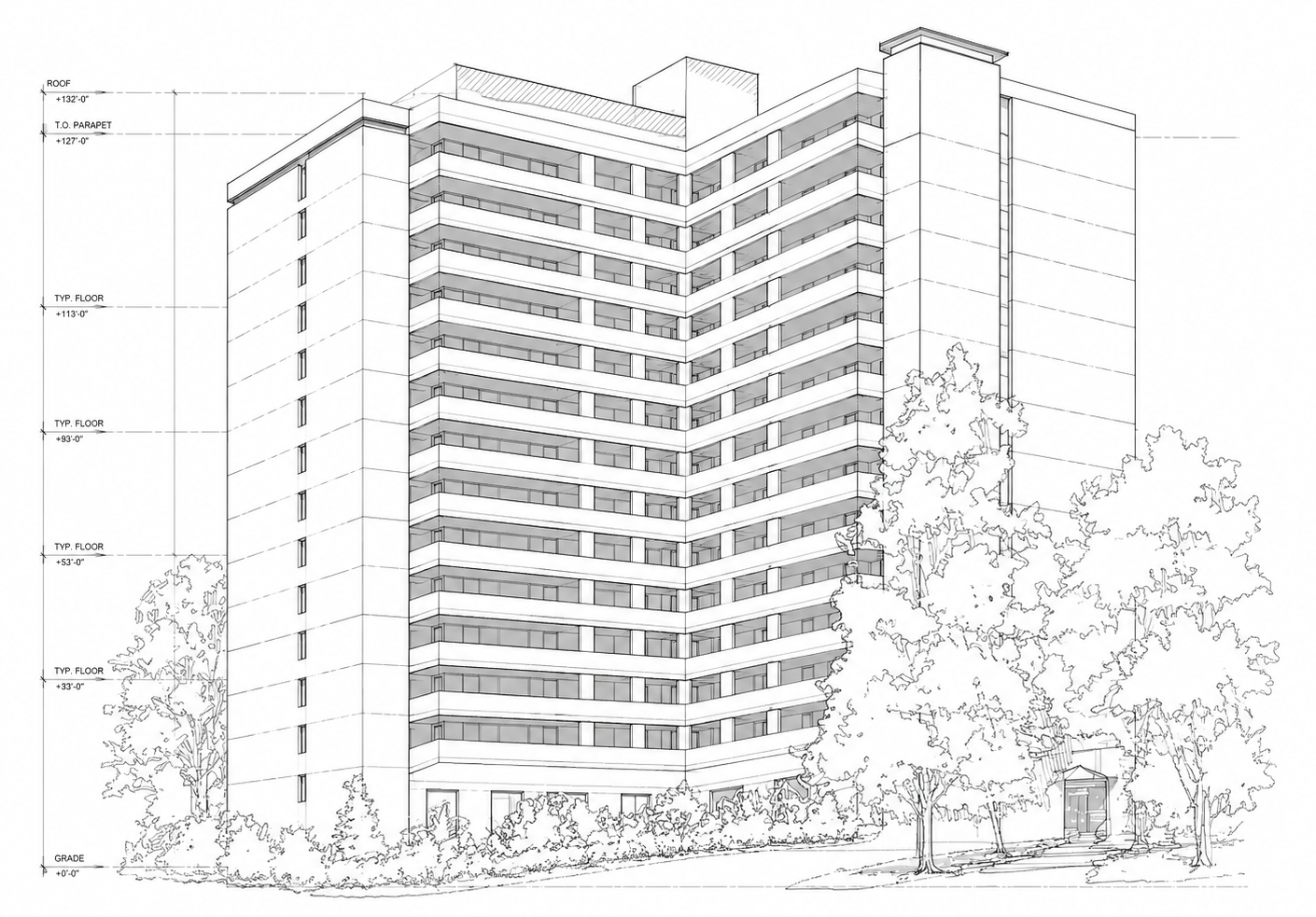 Pencil sketch of a tall apartment building with trees and a sidewalk in front