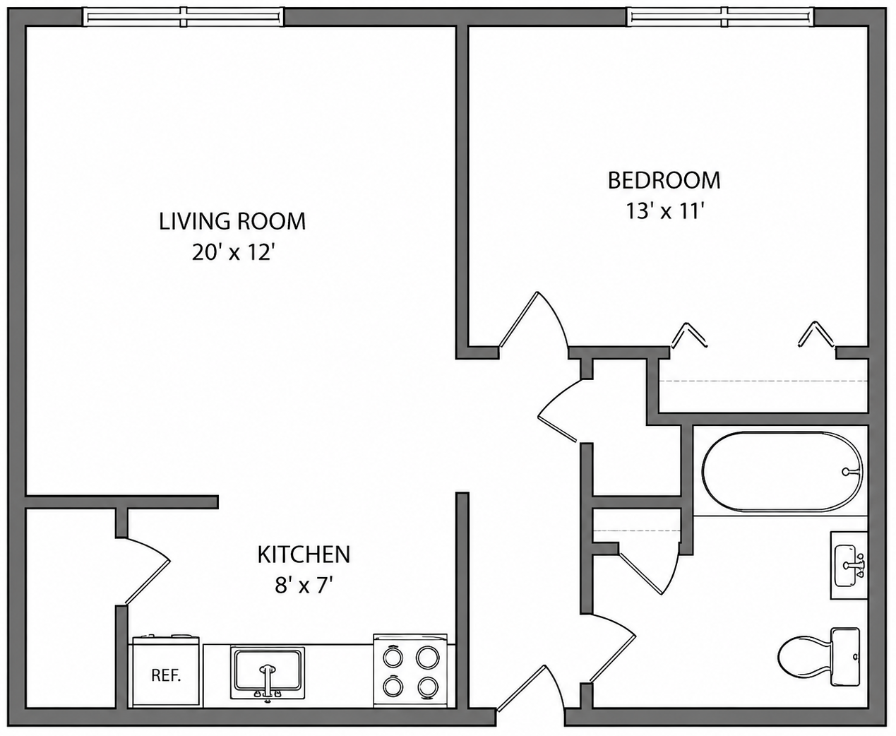Apartment floor plan with living room, kitchen, bedroom, and bathroom labeled with dimensions.