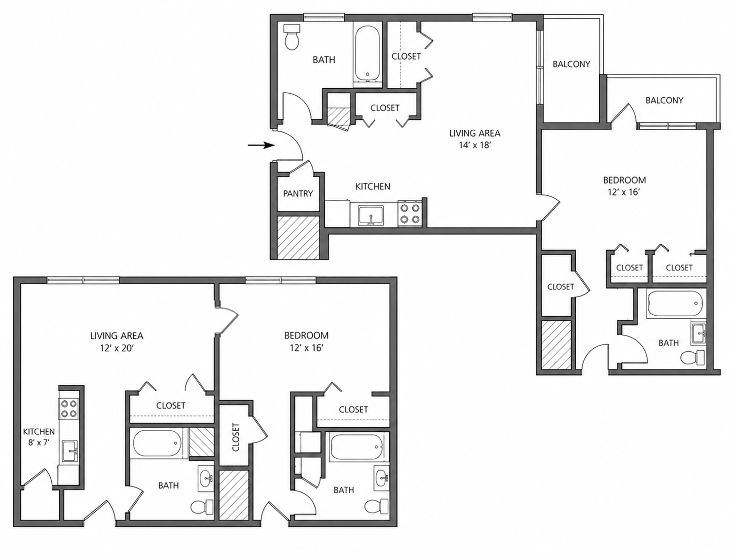 Black-and-white architectural floor plan with multiple rooms, bathrooms, closets, and labeled spaces.