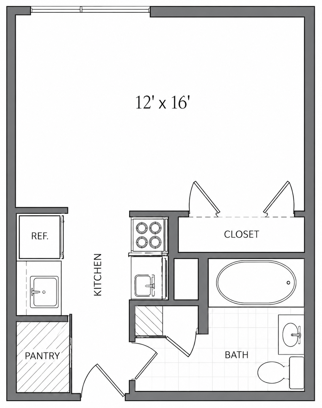 Small apartment floor plan showing kitchen, bath, closet, pantry, and a 12' x 16' room.
