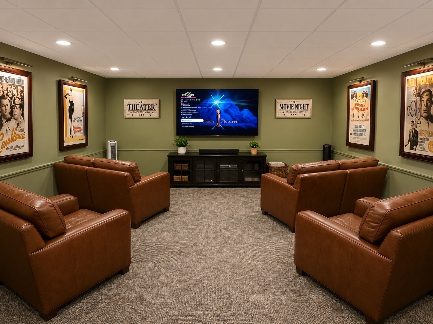 Home theater with brown leather seats, wall-mounted TV, and sports-themed decor in a green room