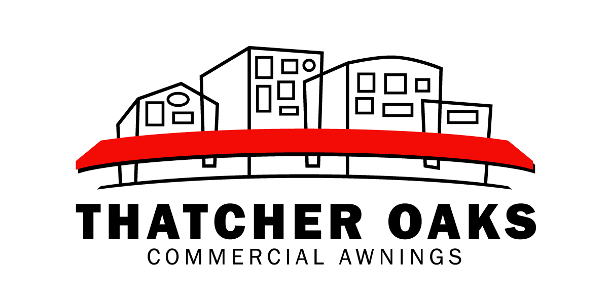 A logo for thatcher oaks commercial awnings with buildings and a red awning.