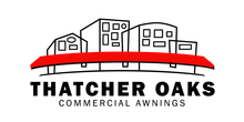 A logo for thatcher oaks commercial awnings with buildings and a red awning.